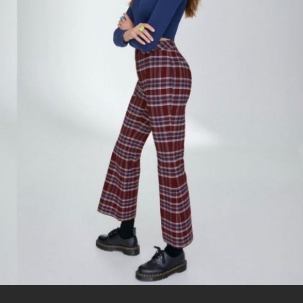 Aritzia Sunday best high waisted flare pants Brooklyn maroon navy plaid punk